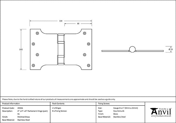 4" x 4" x 6" Parliament Hinges SS (pair)