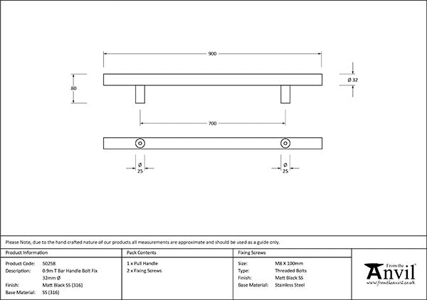 0.9m  T Bar Handle Bolt Fix 32mm dia