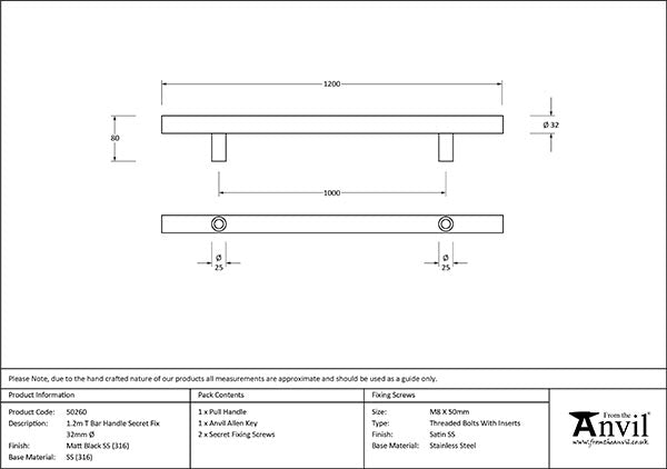 1.2m T Bar Handle Secret Fix 32mm dia