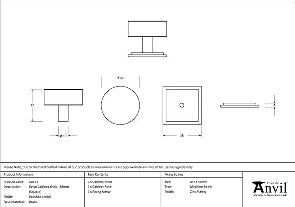 38mm Kelso Cabinet Knob Square Rose