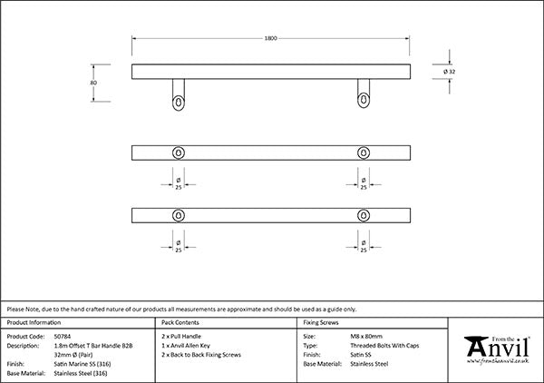 1.8m Offset T Bar Handle B2B 32mm dia
